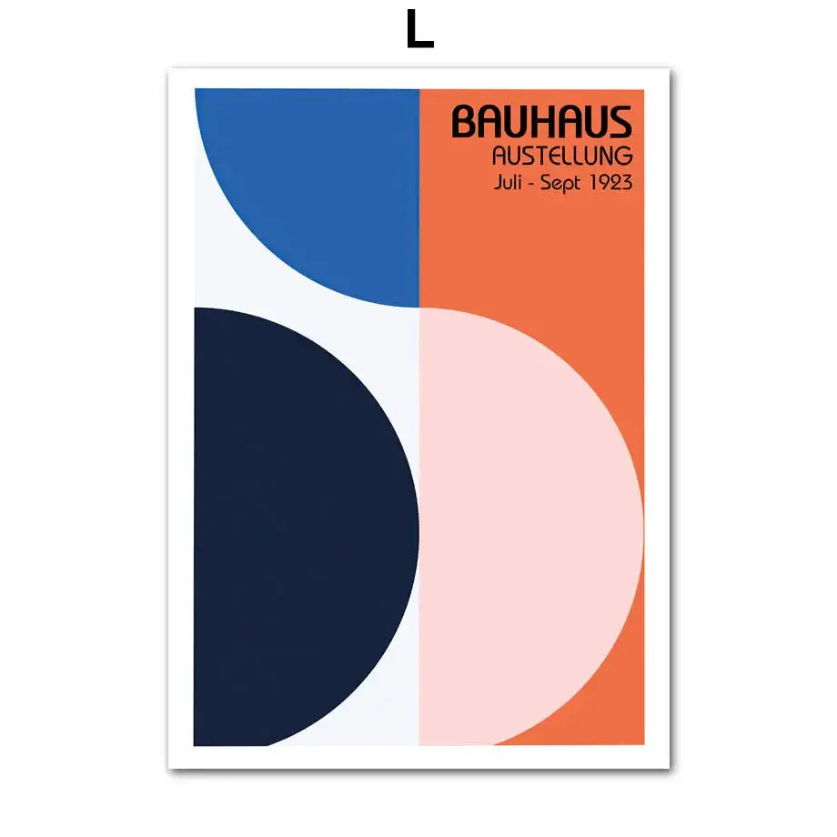 DecorBites™ geometric bauhaus pop art canvas print featuring bold navy blue coral orange and soft pink shapes on white