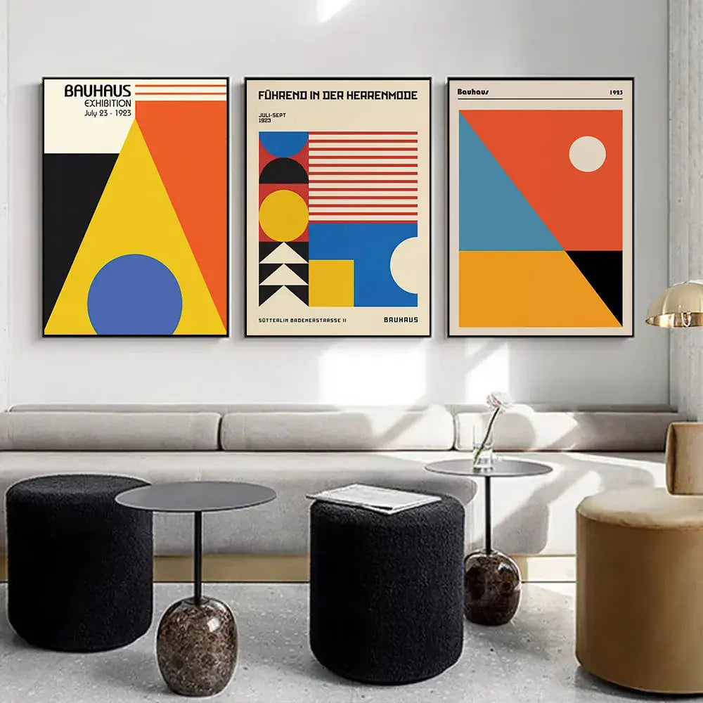 Set of three decorbites™ geometric bauhaus pop art canvas prints featuring bold colors and minimalist abstract shapes on cream backgrounds