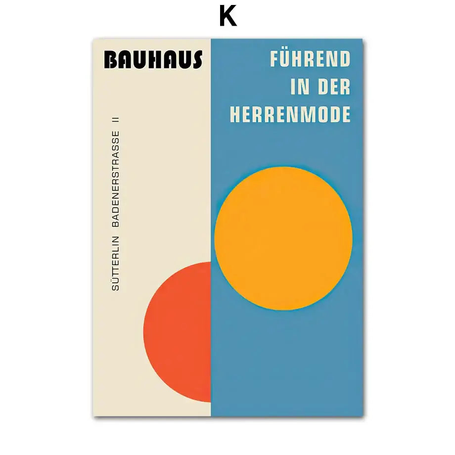 A bauhaus-style pop art canvas with cream and blue panels featuring bold orange and yellow circles from DecorBites™