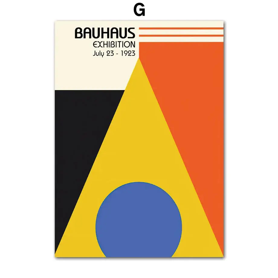 DecorBites™ geometric bauhaus pop art canvas print with bold black orange yellow and blue shapes and minimalist typography