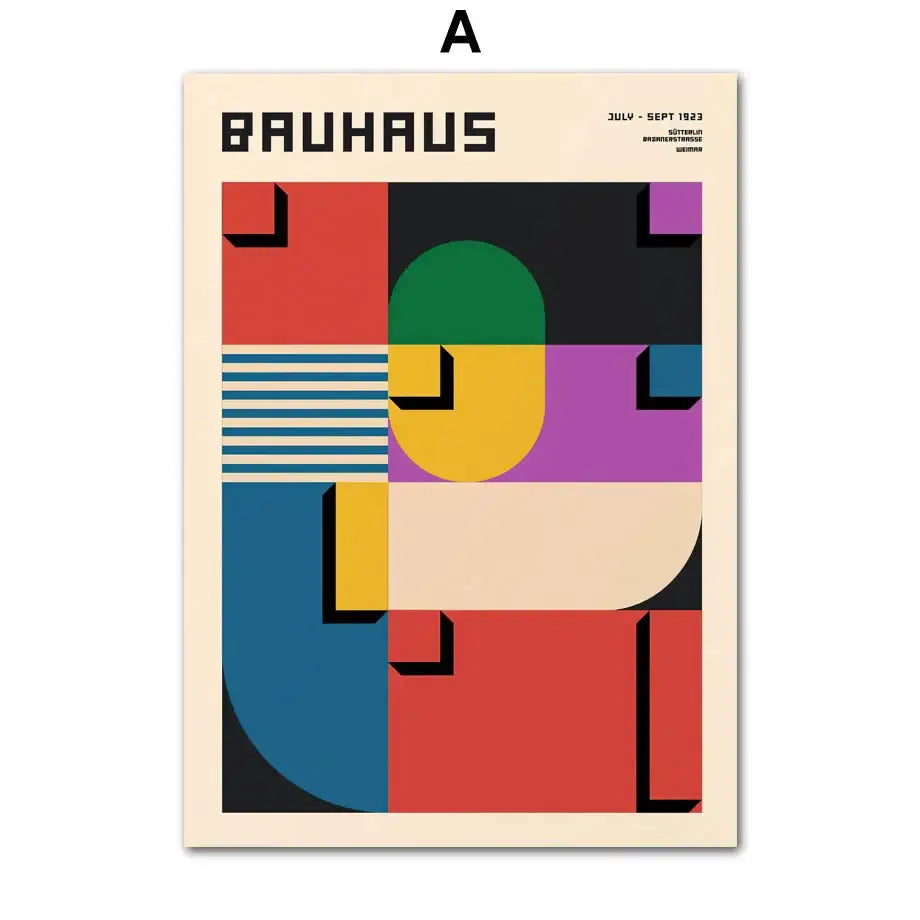 Vibrant geometric bauhaus pop art canvas print by decorbites featuring bold red green yellow purple and blue shapes on cream