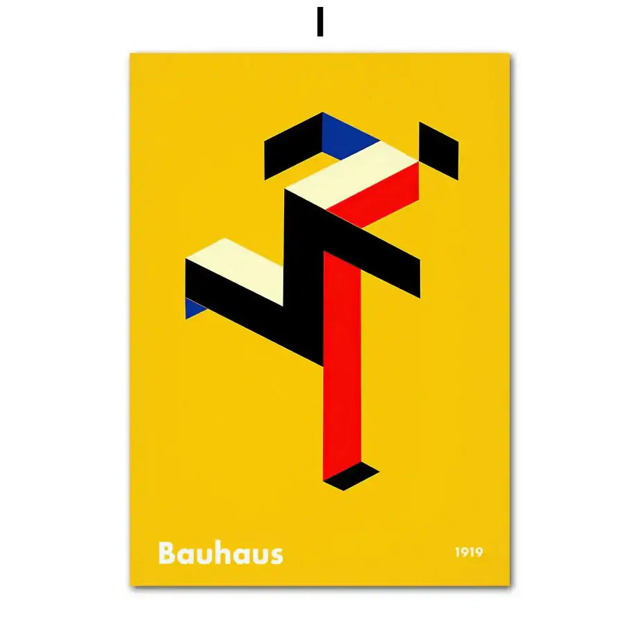 Vibrant yellow DecorBites™ art canvas featuring bold geometric abstract figure in black red and blue pop art canvas design