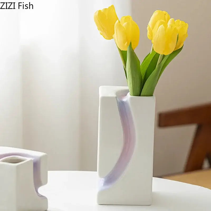 White ceramic decorbites geometric blocks vase with smooth curved lavender accent for living room decor