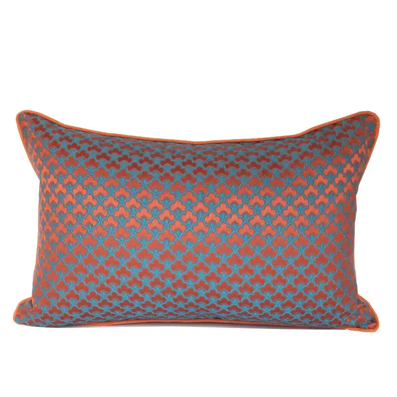 Rectangular decorbites geometric blue and red jacquard waist pillowcase with rust and teal quatrefoil pattern and orange border