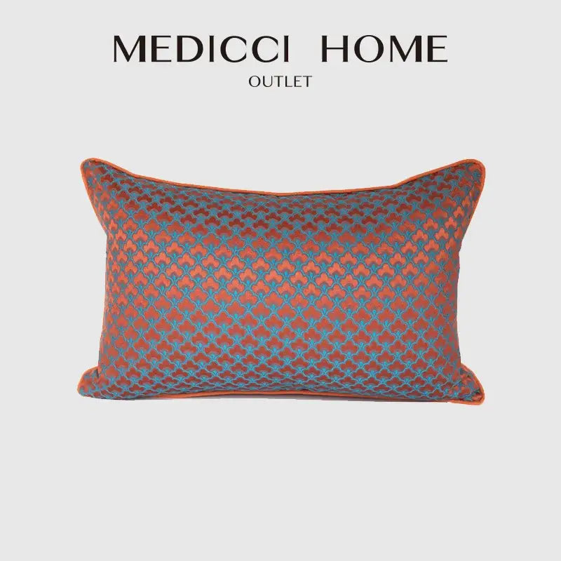A decorbites geometric blue and red jacquard waist pillow case featuring a textured orange and teal pattern with an orange border