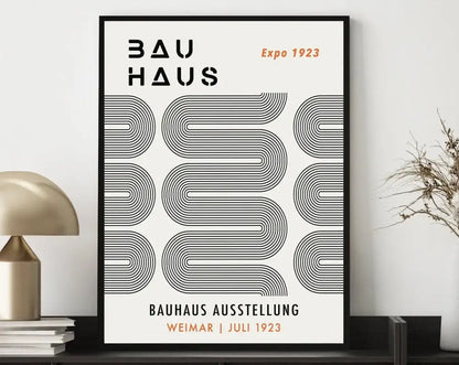 Black-framed DecorBites™ geometric canvas poster with bold text and orange expo 1923 on cream mid century home decor