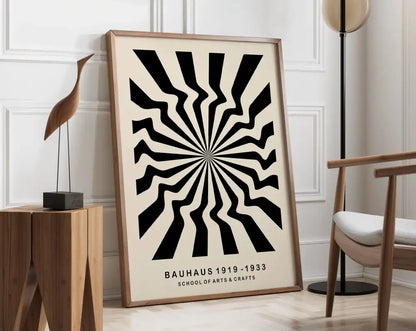 A framed DecorBites™ geometric canvas poster with bold black and cream radial stripes wall art