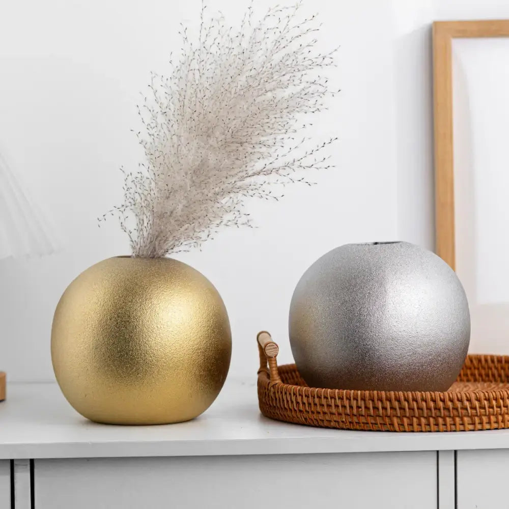 Decorbites geometric gold and silver spherical ceramic vases with matte finish holding dried pampas grass for living room decor