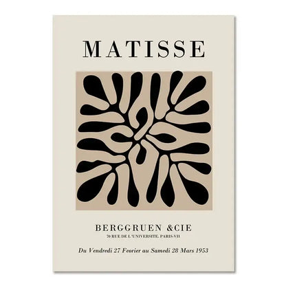 Beige boho canvas wall art with bold black geometric leaf abstract floral design by matisse for paris exhibition use