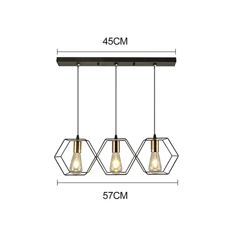 Black hexagonal wireframe pendant light with three exposed edison bulbs and brass accents decorbites geometric led chandelier