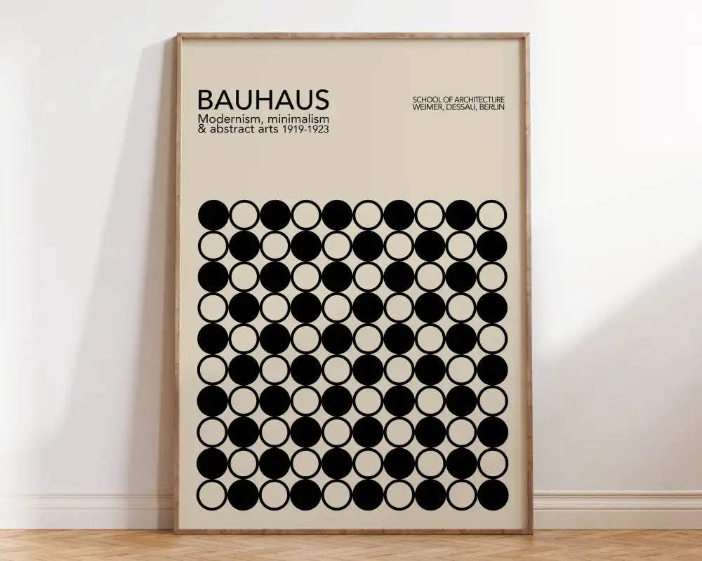 Decorbites™ geometric mid-century canvas wall art print beige bauhaus design with black circles in light wood frame