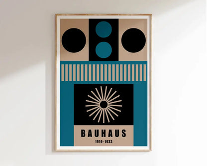A framed decorbites™ geometric modernist canvas art print featuring teal black and beige tones for home decor