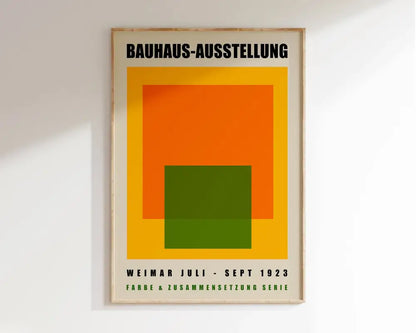 A framed DecorBites™ geometric modernist canvas poster with bold orange green and yellow shapes on cream background