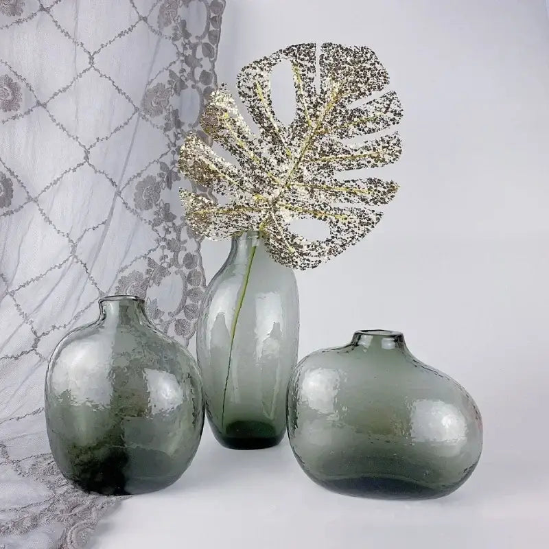 DecorBites™ geometric zen glass vase set of three dark green matte textured glass vases for single flower arrangement