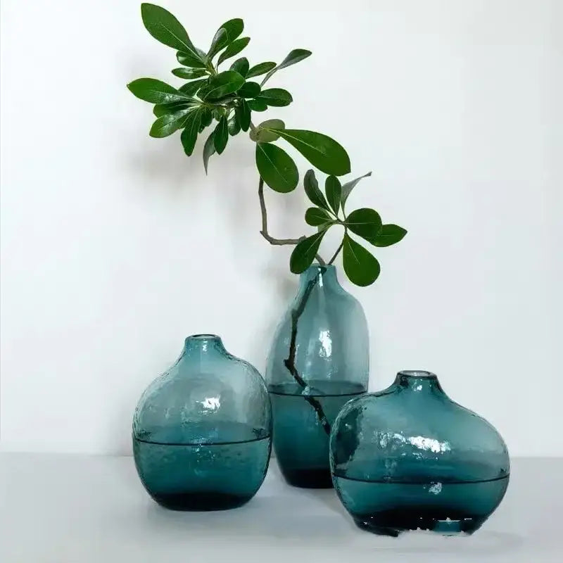 DecorBites™ geometric zen glass vases in teal with textured hand-blown finish for single flower arrangement