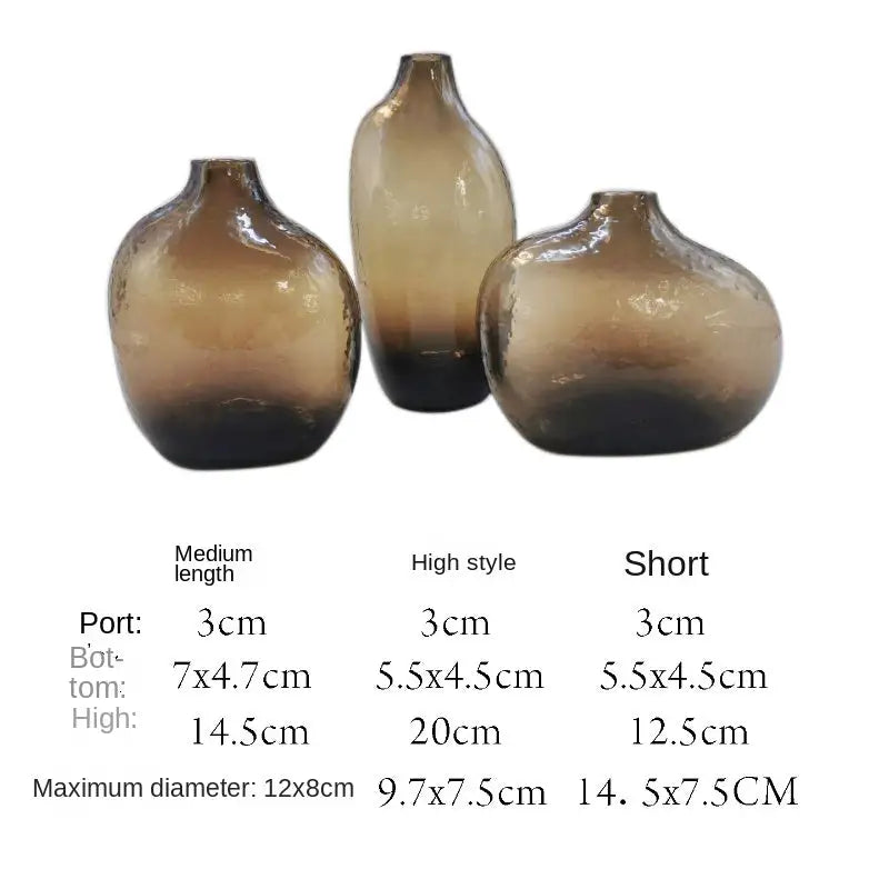 Set of three amber-tinted glass vases with geometric zen glass design for single flower arrangement by DecorBites™