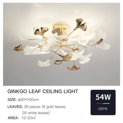 DecorBites ginkgo leaf ceiling light with gold and white branching arms for elegant ginkgo leaf bedroom decor