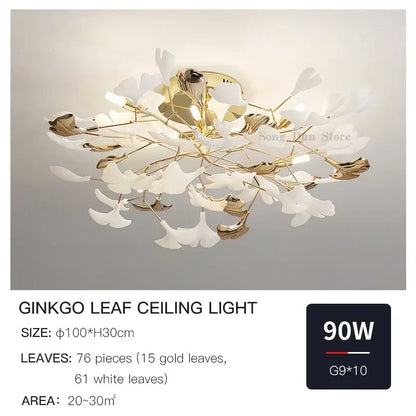 Elegant gold and white DecorBites ginkgo leaf bedroom lamp with delicate branching stems for minimalist ceiling light design