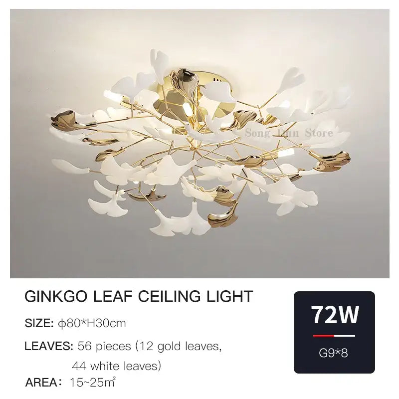 Elegant white and gold decorbites ginkgo leaf ceiling light with delicate branching arms for ginkgo leaf bedroom décor