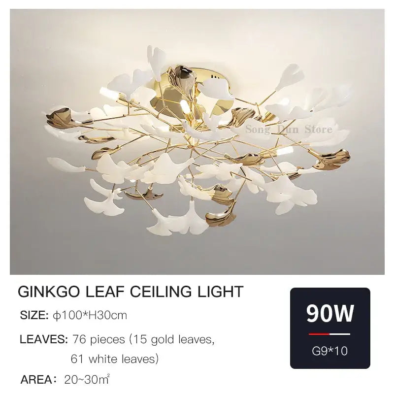 Elegant gold and white decorbites ginkgo leaf ceiling light with delicate branching stems for ginkgo leaf bedroom use