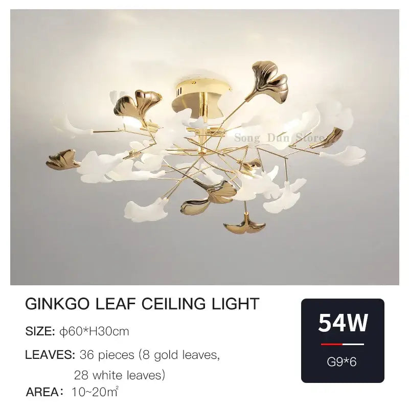 Gold and white decorbites ginkgo leaf ceiling light with delicate branching arms for ginkgo leaf bedroom decor
