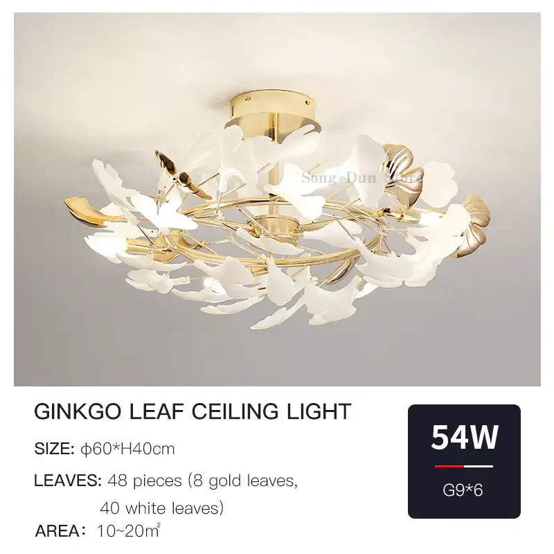 Elegant DecorBites Ginkgo Leaf ceiling light with 48 white and gold leaves for ginkgo leaf bedroom decor