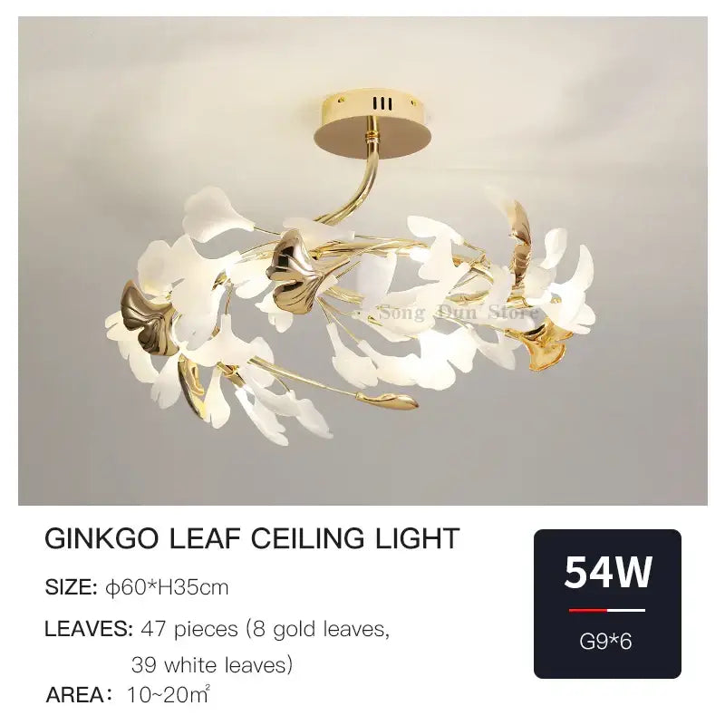 Elegant gold and white DecorBites Ginkgo Leaf bedroom ceiling light with modern branching design for master bedroom decor