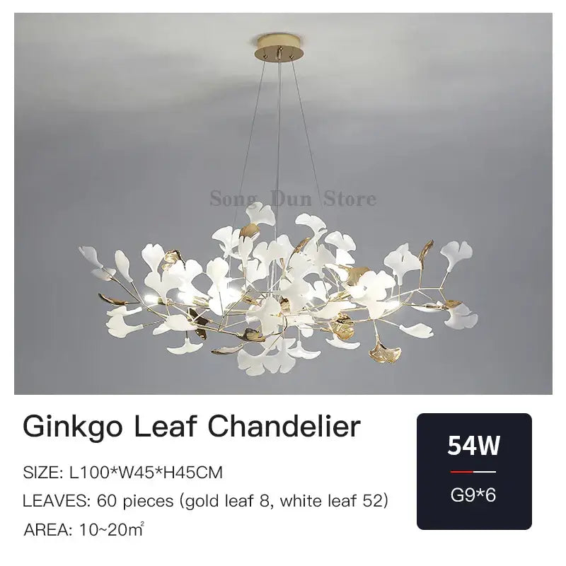 Decorbites ginkgo leaf chandelier featuring elegant white and gold branching design for luxury dining and living rooms