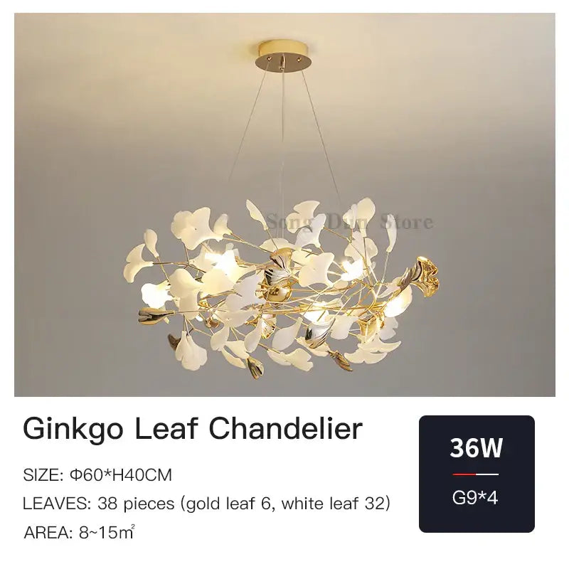 A modern decorbites ginkgo leaf chandelier with 38 metallic leaves in gold and white for elegant nordic luxury decor