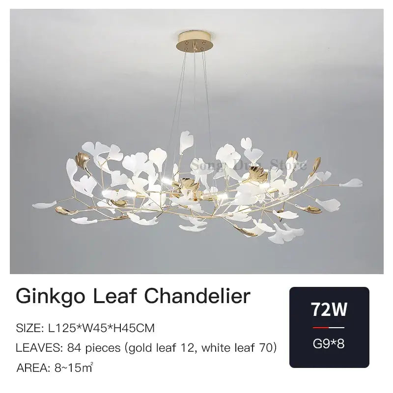 Elegant white and gold decorbites ginkgo leaf chandelier with delicate branching design for dining or living room