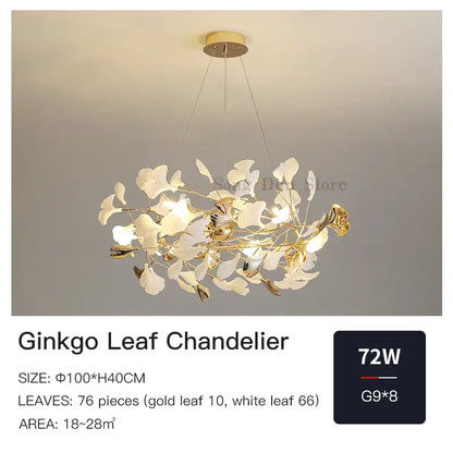 Decorbites ginkgo leaf chandelier in gold and white with 76 intricately crafted leaves for elegant luxury decor