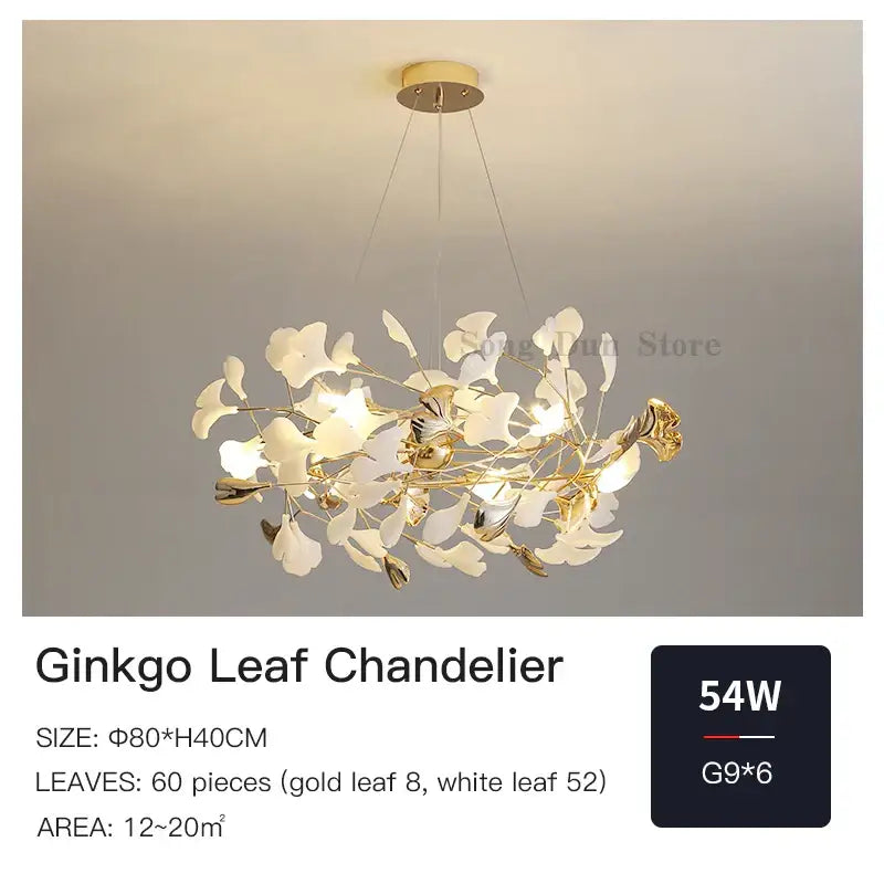 Elegant gold and white DecorBites ginkgo leaf chandelier with modern branching design for dining or living rooms
