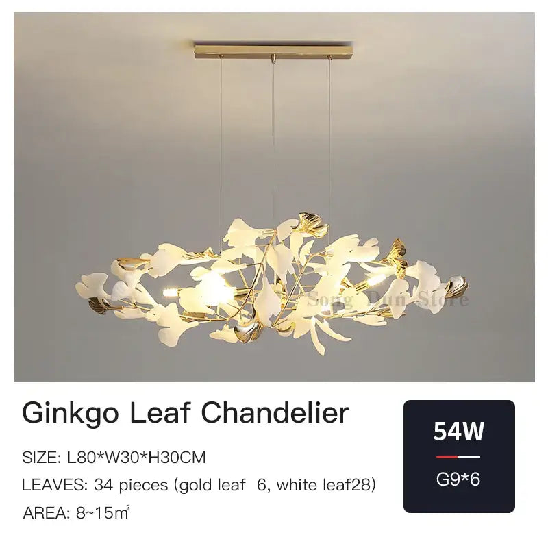 Elegant gold and white decorbites ginkgo leaf chandelier with modern branching design for dining room and bedroom