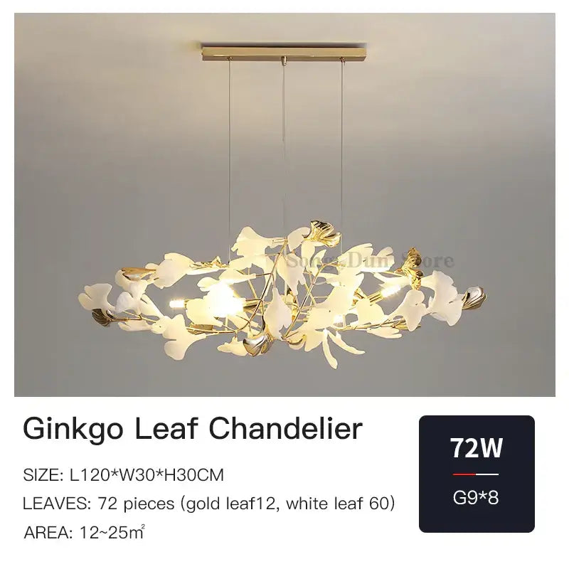 Decorbites ginkgo leaf chandelier with white and gold leaves suspended from a brass fixture for elegant Nordic decor