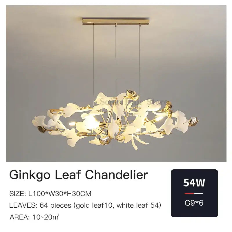 Elegant gold and white decorbites ginkgo leaf chandelier with 64 intricately designed leaves for dining and living rooms