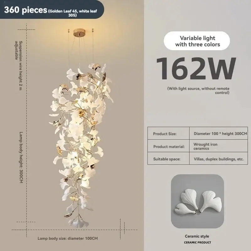 Decorbites ginkgo leaf chandelier with 360 golden ceramic leaves on wrought iron, ideal for luxury staircase lighting