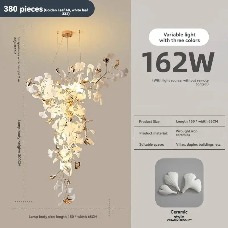 Elegant white and gold ceramic ginkgo leaf chandelier with wrought iron branches by DecorBites for luxury staircases and lobbies