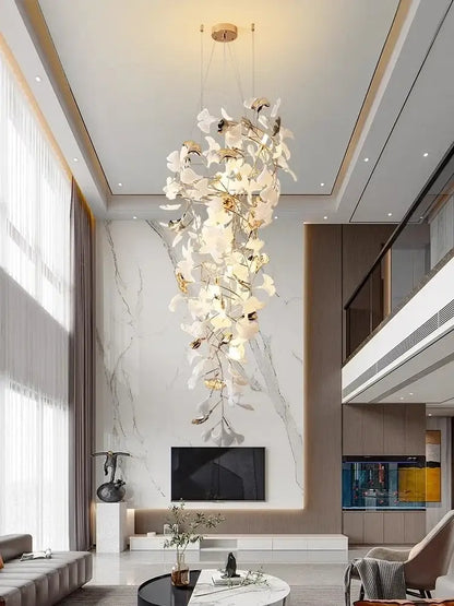 DecorBites Ginkgo Leaf chandelier with white and gold floral design hanging for luxury staircase and lobby lighting