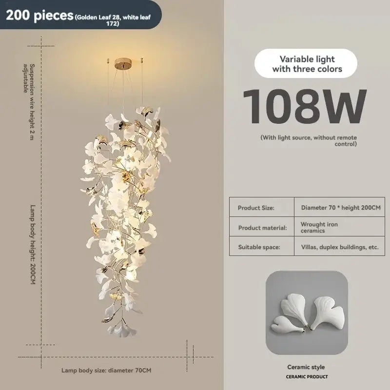 Elegant white ceramic ginkgo leaf chandelier with gold wrought iron accents for luxury staircase by decorbites ginkgo leaf