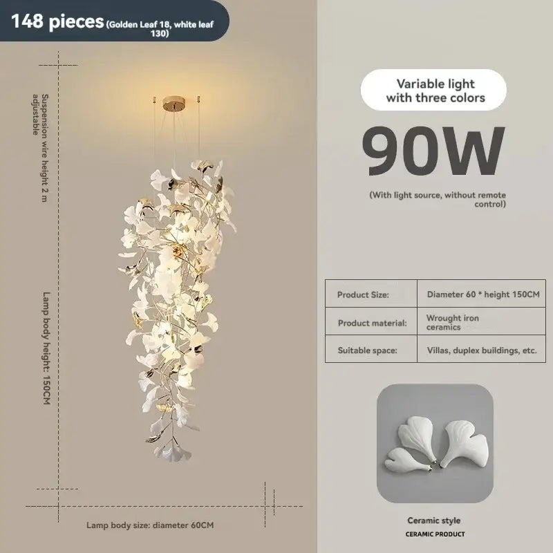 Elegant white ceramic ginkgo leaf chandelier with wrought iron frame and variable lighting for modern interiors by DecorBites Ginkgo