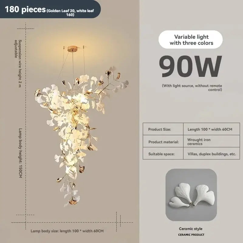 Elegant white and gold leaf-shaped ceramic decorbites ginkgo leaf chandelier with adjustable height for luxury staircases and lobbies