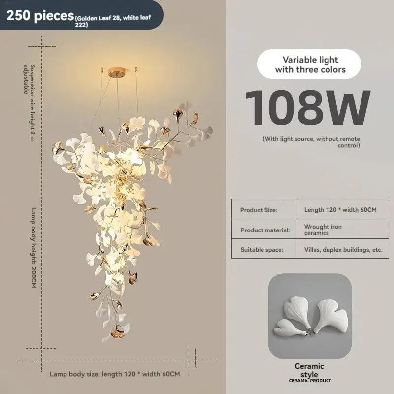 Elegant decorbites ginkgo leaf chandelier with 250 golden leaves and white ceramic on wrought iron for luxury lighting