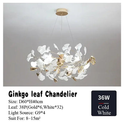 Elegant white and gold decorbites ginkgo leaf chandelier with modern airy design for living dining bedroom lighting
