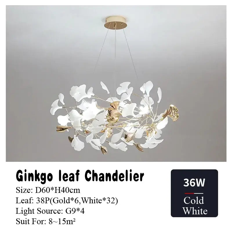 Elegant white and gold decorbites ginkgo leaf chandelier with modern airy design for living dining bedroom lighting