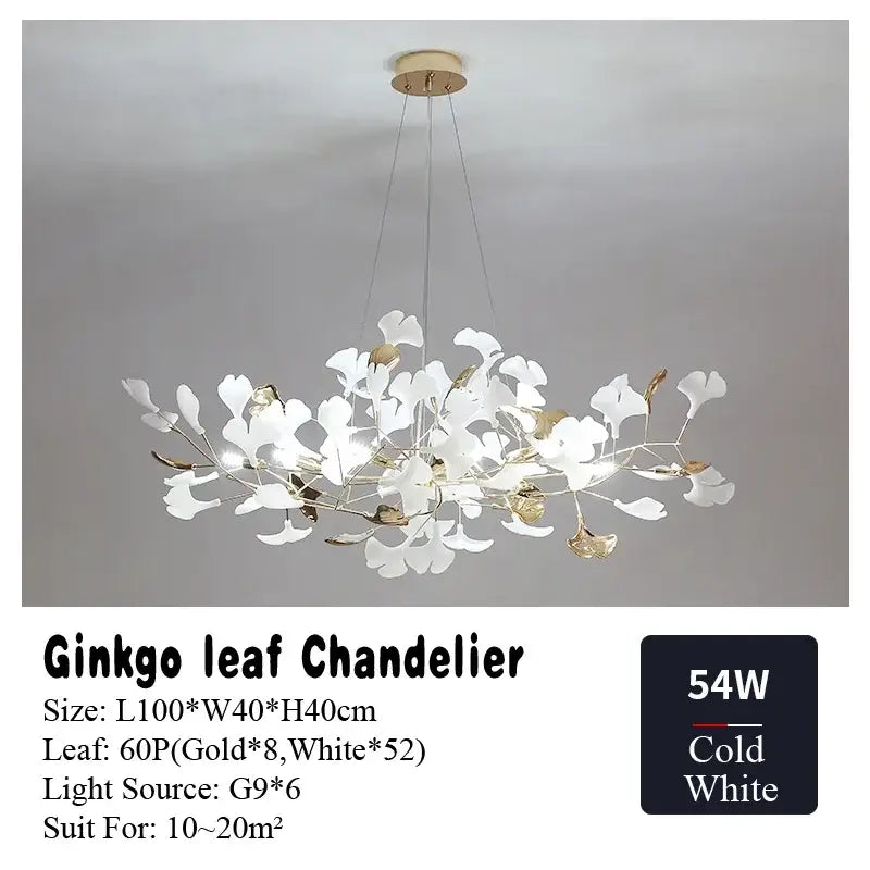 Elegant white and gold decorbites ginkgo leaf chandelier with modern branching design for living dining bedroom lighting