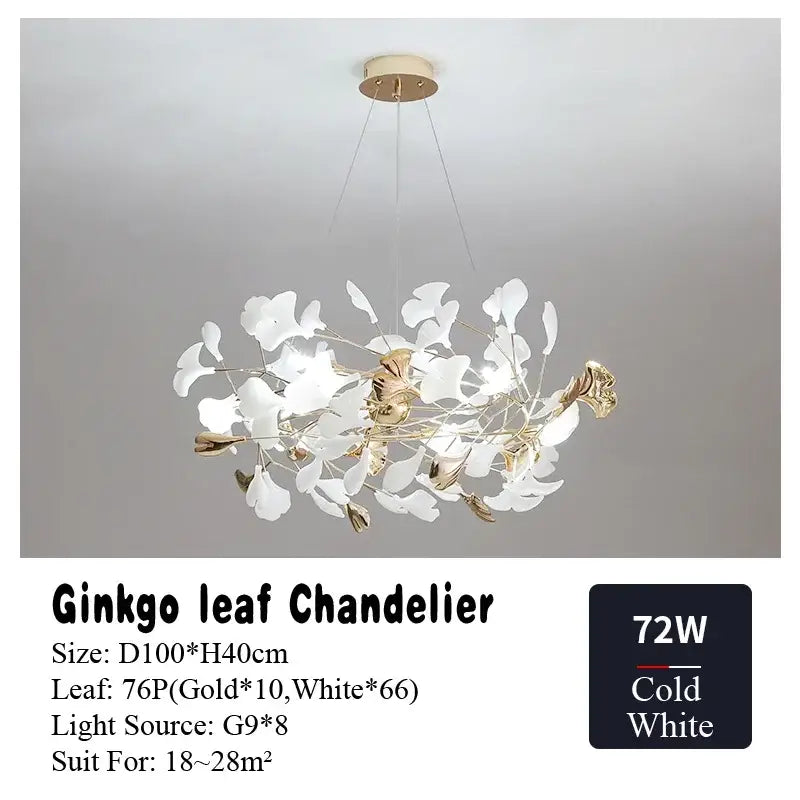 Elegant white and gold decorbites ginkgo leaf chandelier with modern branching design for living dining bedroom lighting