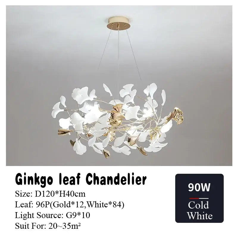 Elegant white and gold DecorBites ginkgo leaf chandelier with modern organic design for living dining bedroom lighting