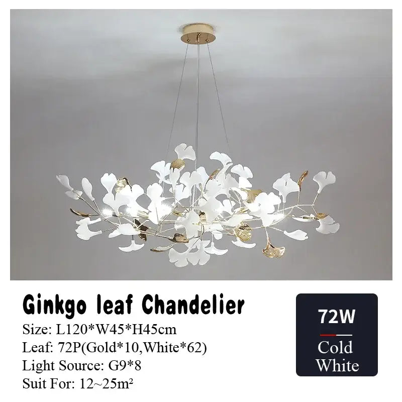 Elegant white and gold DecorBites ginkgo leaf chandelier with delicate branching design for living dining bedroom use