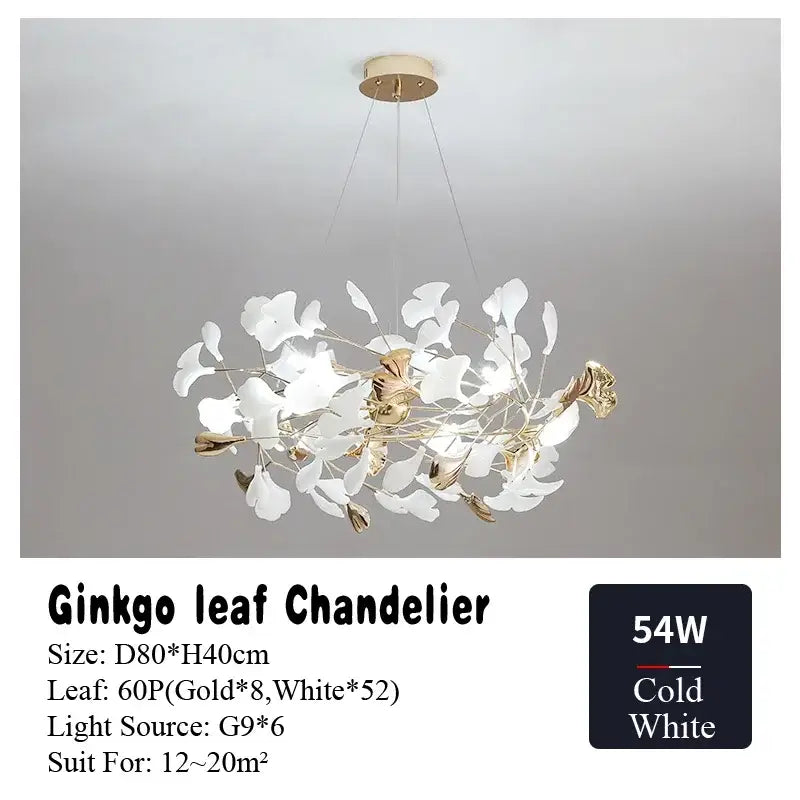 Elegant white and gold decorbites ginkgo leaf chandelier with modern airy design for living dining bedroom lighting