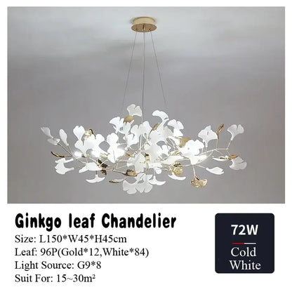 Elegant white and gold DecorBites ginkgo leaf chandelier with modern branching design LED pendant light for living spaces